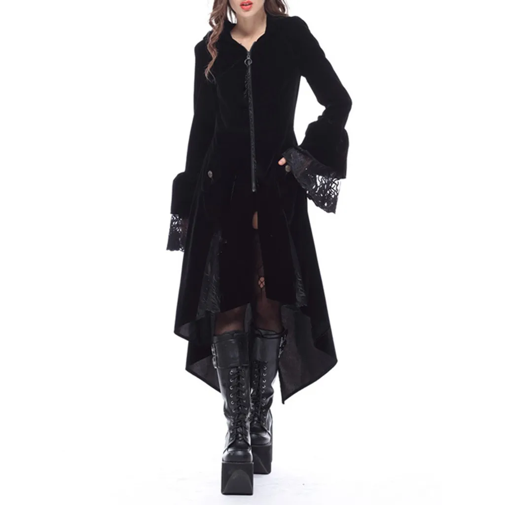 Женское модное винтажное готическое длинное пальто, ассиметричное трикотажное пальто для косплея размера плюс, женское модное пальто средней длины с капюшоном
