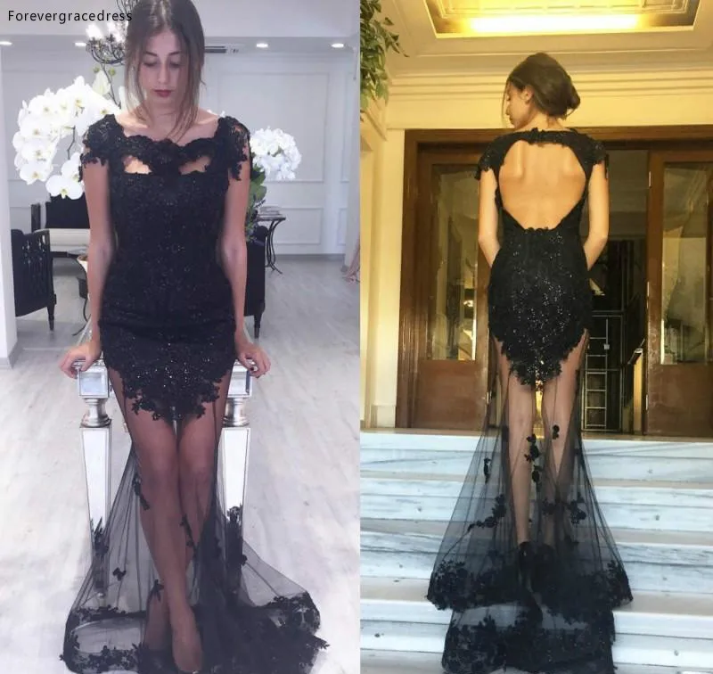 Sexy See Through Black Lace Crystal Prom Dresses Sheer Neck Mermaid Prom Gowns with Crystal Backless Evening Party Gowns 2017 139