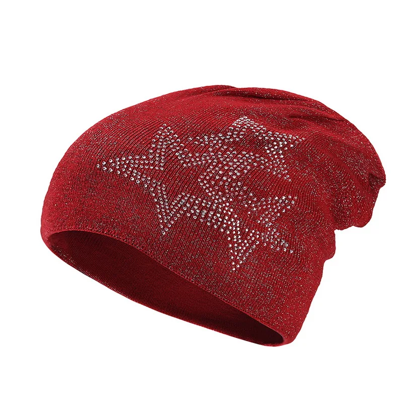 MoneRffi удобная модная украшенная кристаллами Кепка с черепом Gorro осень зима мягкая вязаная шапка бини однотонная шерстяная шапка - Цвет: Red