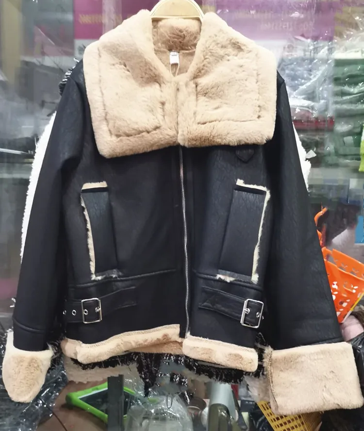 Leather Jacket Women Short Plus Thick Velvet PU Leather Jacket Motorcycle Jackets Women's Winter Faux Lambs Fur Coat Coats