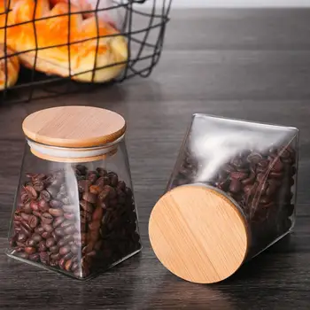 

350/500/750ML Glass Sealed Storage Can Square Moisture-Proof Glass Storage Tank With Wooden Lid Kitchen Food Storage Jar