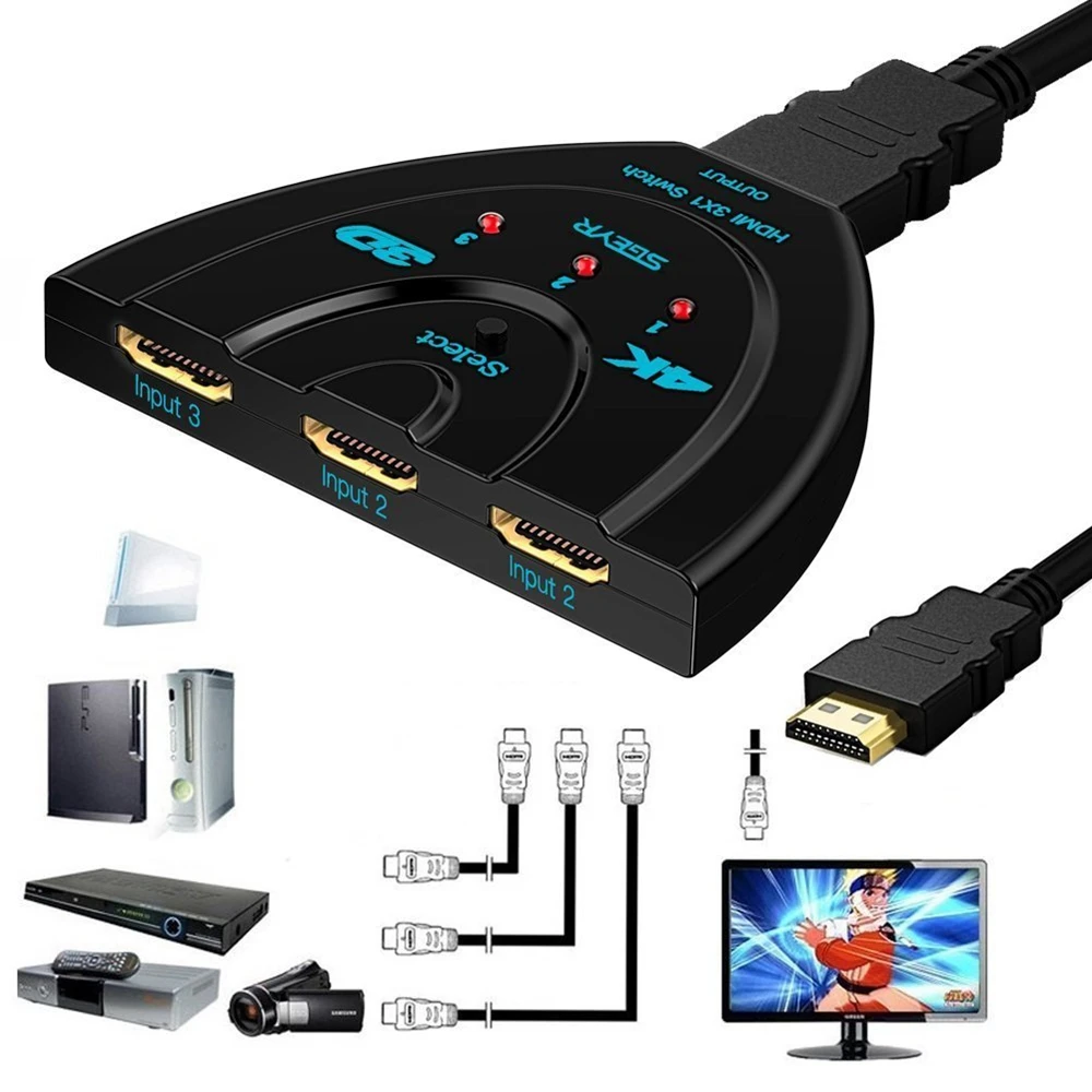 SGEYR HDMI Switch 3x1 HDMI Switcher Pigtail Support 4Kx2K HDMI Switch Selector HD Audio and HDCP Compliant HDMI Switch 3 x 1
