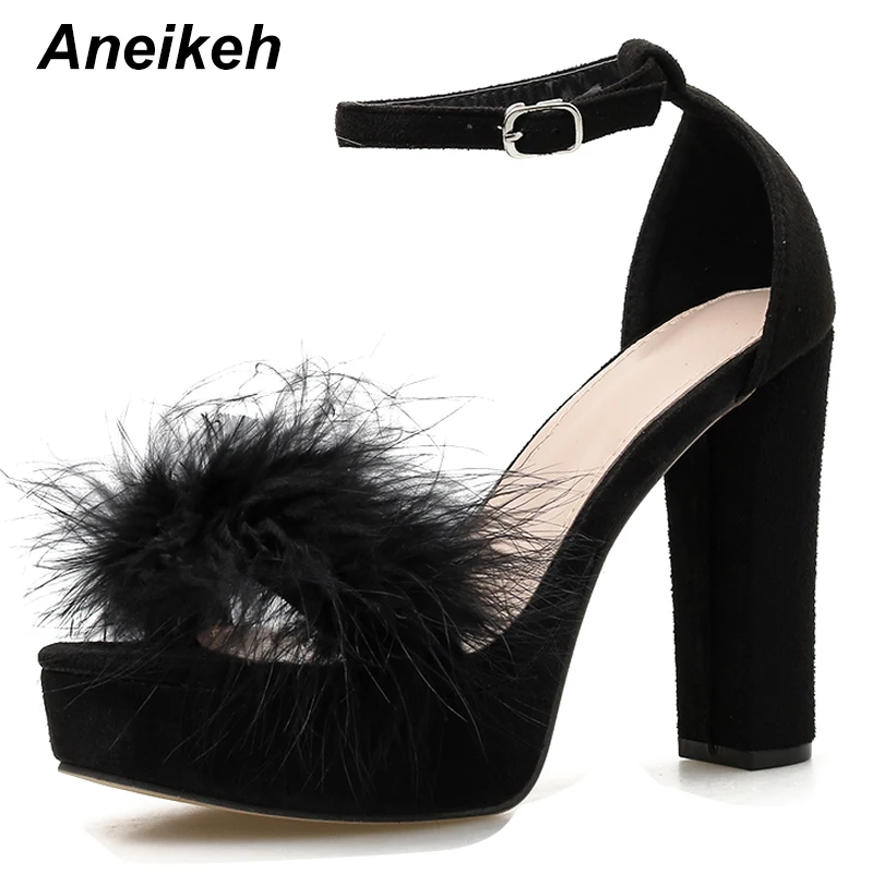 

Aneikeh 2020 Fashion Furry Gladiator Sandals Woman Peep Toe Platforms High Heels Ankle Strap Pumps Party Nightclub Shoes Size 42