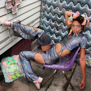 

Streetwear Holographic Sexy Flare Pants +Turtle Neck T shirt Women Rave Festival Party Trousers Hollow Out High Waist Pants