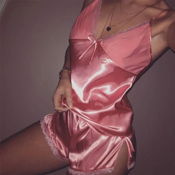

New 2019 Women Sexy Backless Deep V-Neck Sleepwear Solid Satin Silk Babydoll Lace Nightwear Sleeveless Sexy Pajamas Set