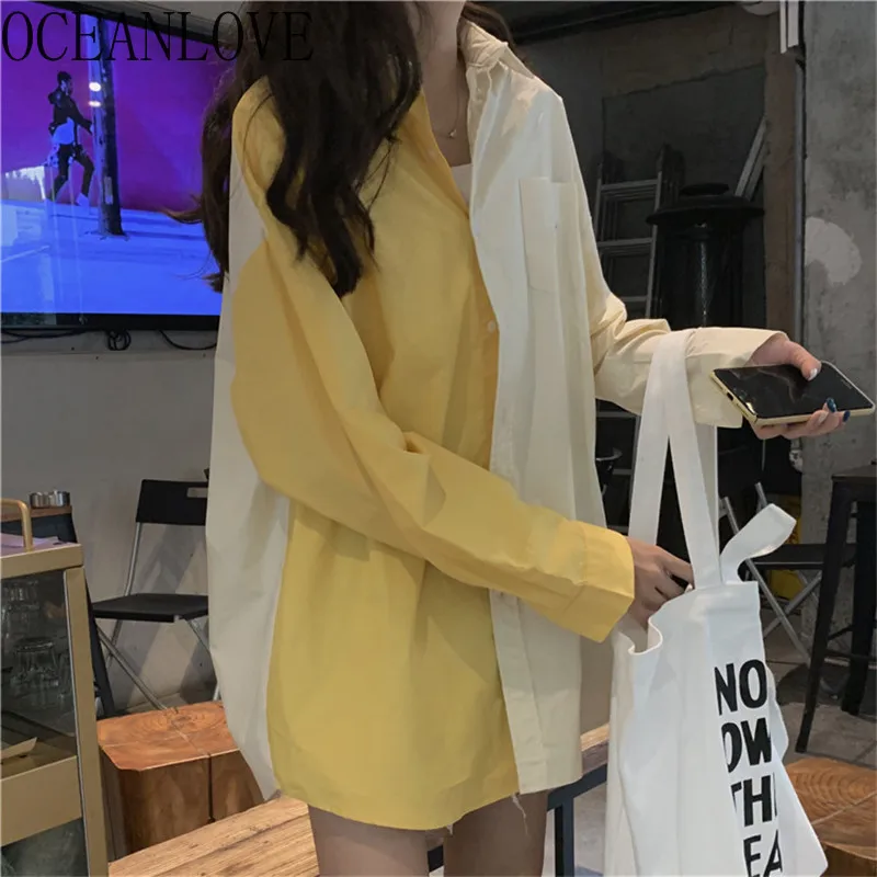 

OCEANLOVE Embroidery Contrast Color Women Shirts Loose Fashion Student Casual New Blouses Spring Long Sleeve Blusas 15292
