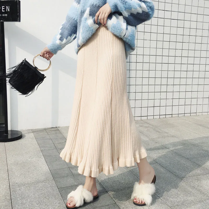 NORMOV Fashion Women Autumn Winter Solid Color Skirt Long Ruffle Pleated Skirts Knitted High Waist Warm Wool Skirts 2 Color