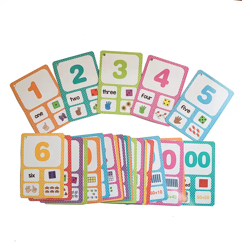 Flashcards impresos en ambos lados, inglés y números, juguetes