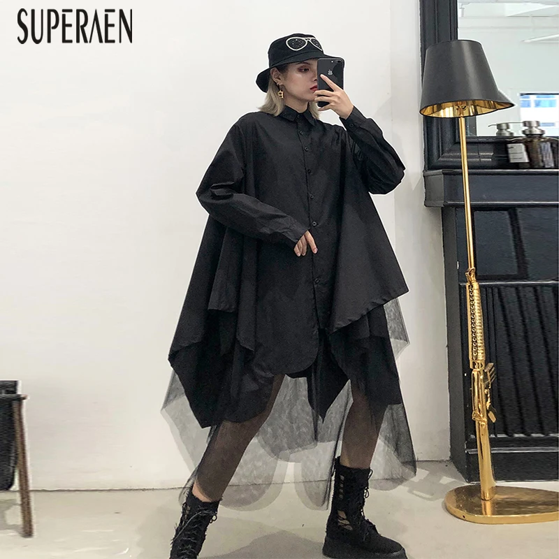 SuperAen/Модная женская рубашка из натурального хлопка, повседневные женские блузки с длинными рукавами и топы, осень, новинка, сетчатая женская одежда
