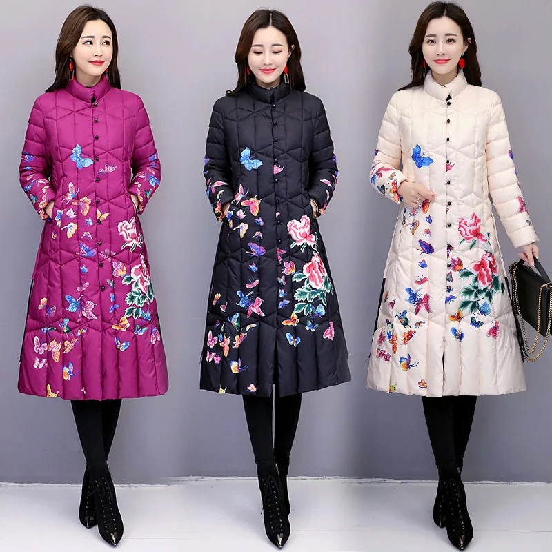 

2019 Long Slim Fit Fashion Winter Warm Printed Button down Chinese-style Cotton Overcoat