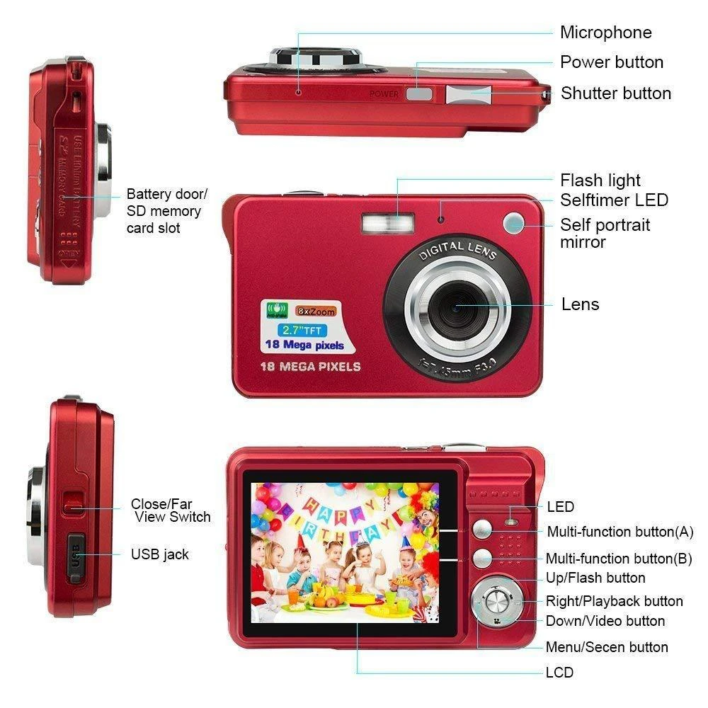 미니 디지털 카메라 손떨림 방지 사진 카메라, 8 배 줌, Tft LCD 스크린 카메라, 2.7 인치, 18mp, 720p