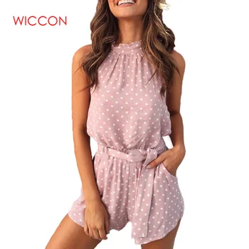 

Summer Polka Dot Print Women Jumpsuit Beach Overalls Sexy Backless Lace-up Romper 2020 Off Shoulder Casual Playsuit Belt