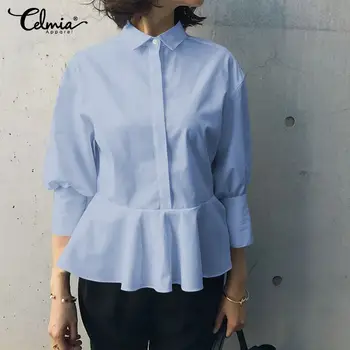 

Celmia Stylish Women Tops and Blouse Lapel 3/4 Sleeve Casual Loose Ruffles Shirts 2020 Summer Solid Office Party Blusas Feminina
