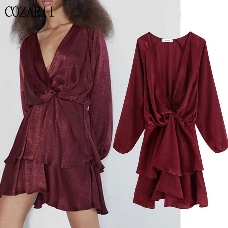 

COZARII Women dress England urban vintage ruffles Cascading kimono satin v-neck vestidos de fiesta de noche Vestidos Mujer