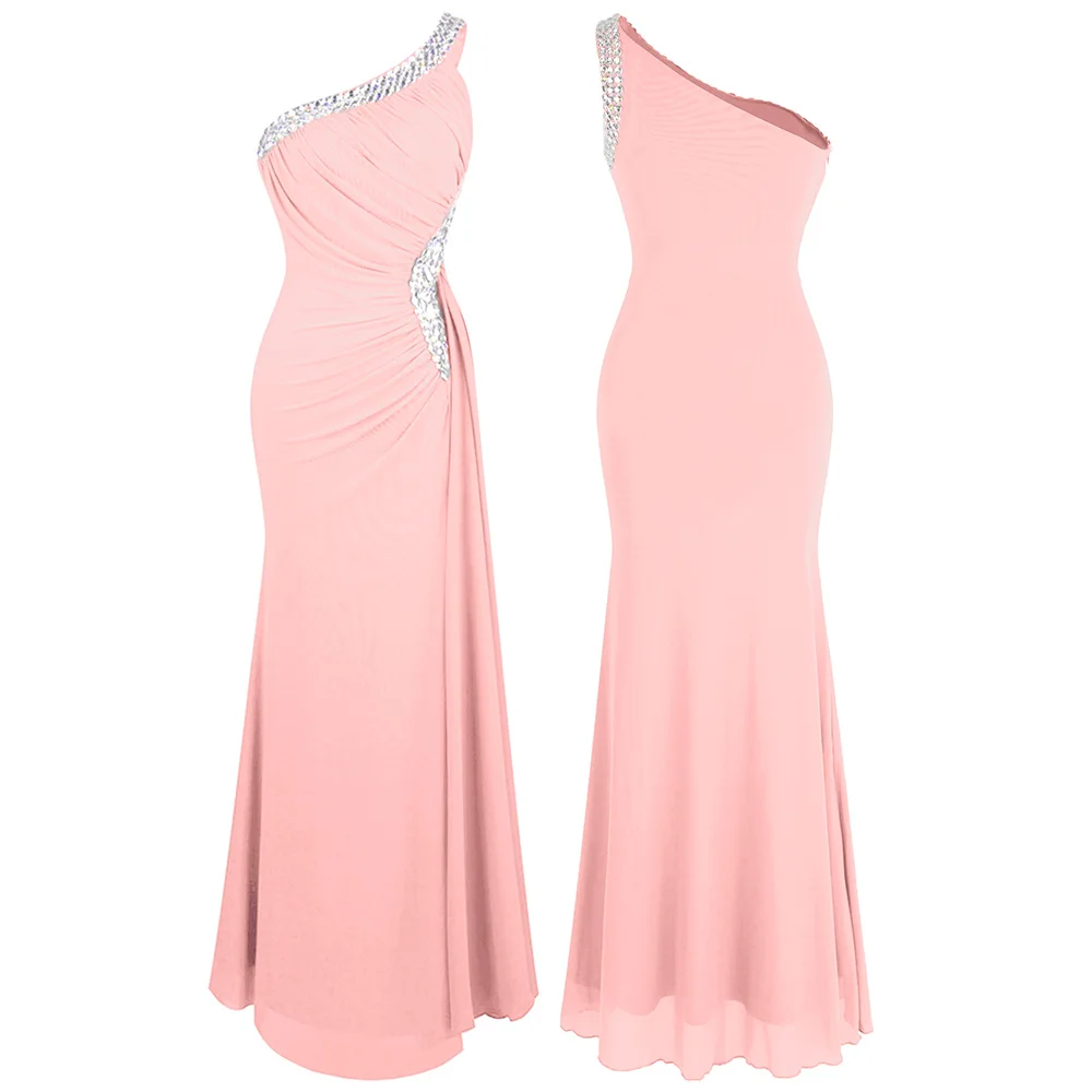 Light Pink 411 Женское дл.веч.платье, с бисером, Angel-Fashions, синее длинное вечернее платье с одним открытым плечом и разрезами, расшитое бисером, модель 075 411 - Цвет: Light Pink 411