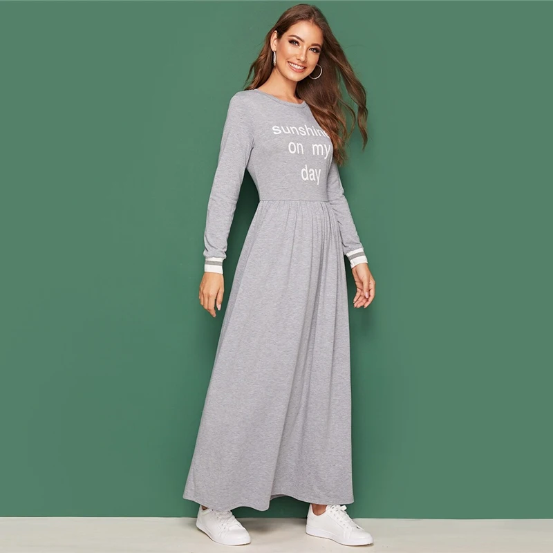 Dotfashion повседневное женское платье трапециевидной формы с буквенным принтом, осень, серое платье с отделкой манжетами, женское Платье Макси