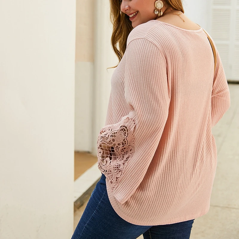 Autumn and winter large size women's thin sweater 5XL 6XL 7XL 8XL 9XL bust 148CM long sleeve V-neck lace cuff loose sweater