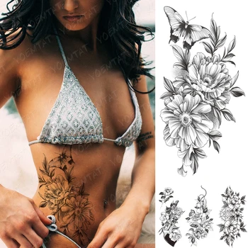 

Waterproof Temporary Tattoo Sticker Peony Flower Chrysanthemum Butterfly Flash Tattoos Female Line Waist Body Art Fake Tatto Men