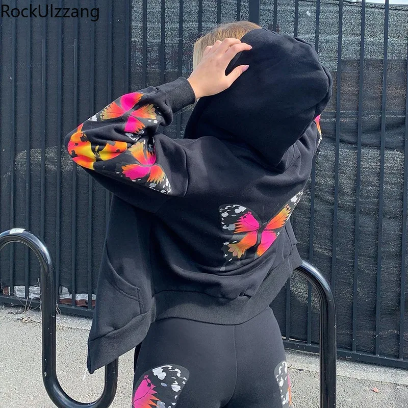 Butterfly Print Zipper Hooded Pocket 