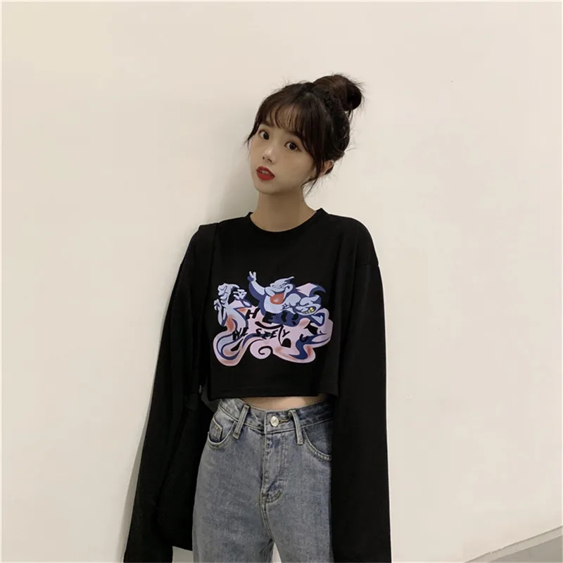 

Lychee Harajuku Devil Demon Ghost Print Women Crop Sweatshirt Autumn Crew Neck Women Tracksuit Loose Lady Pullovers