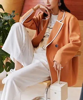 

Women Autumn Notched Neck Pockets Blazer Patchwork High Street Long Sleeve Loose Jackets Double Breasted Blazer Coats