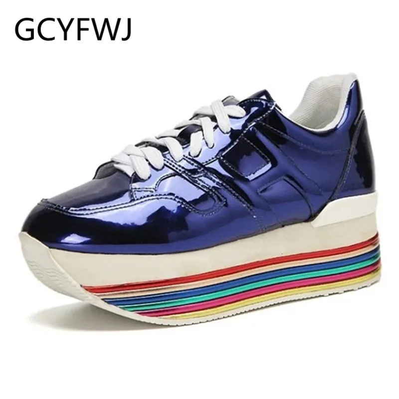 GCYFWJ/женские кроссовки из натуральной кожи; повседневная обувь на плоской подошве со шнуровкой; Модные женские Сникеры на платформе с радужной подошвой для ночного клуба