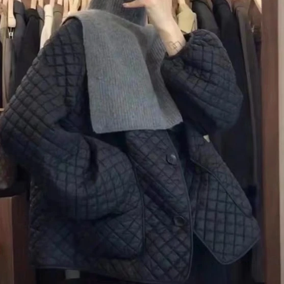 

Trench 2021 Women Autumn and Winter New Loose Casual Retro Diamond Cotton Coat
