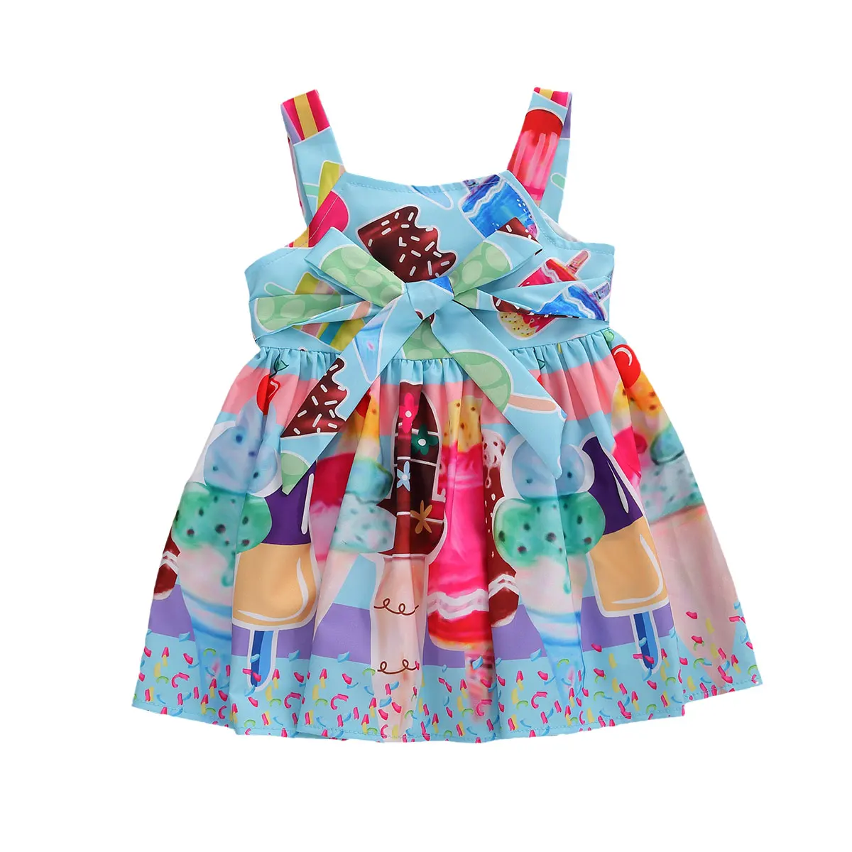 aby Summer Clothing Infant Baby Girl Dress High-Waist Midi Square Collar Ice Cream Printed Bowknot | Детская одежда и обувь