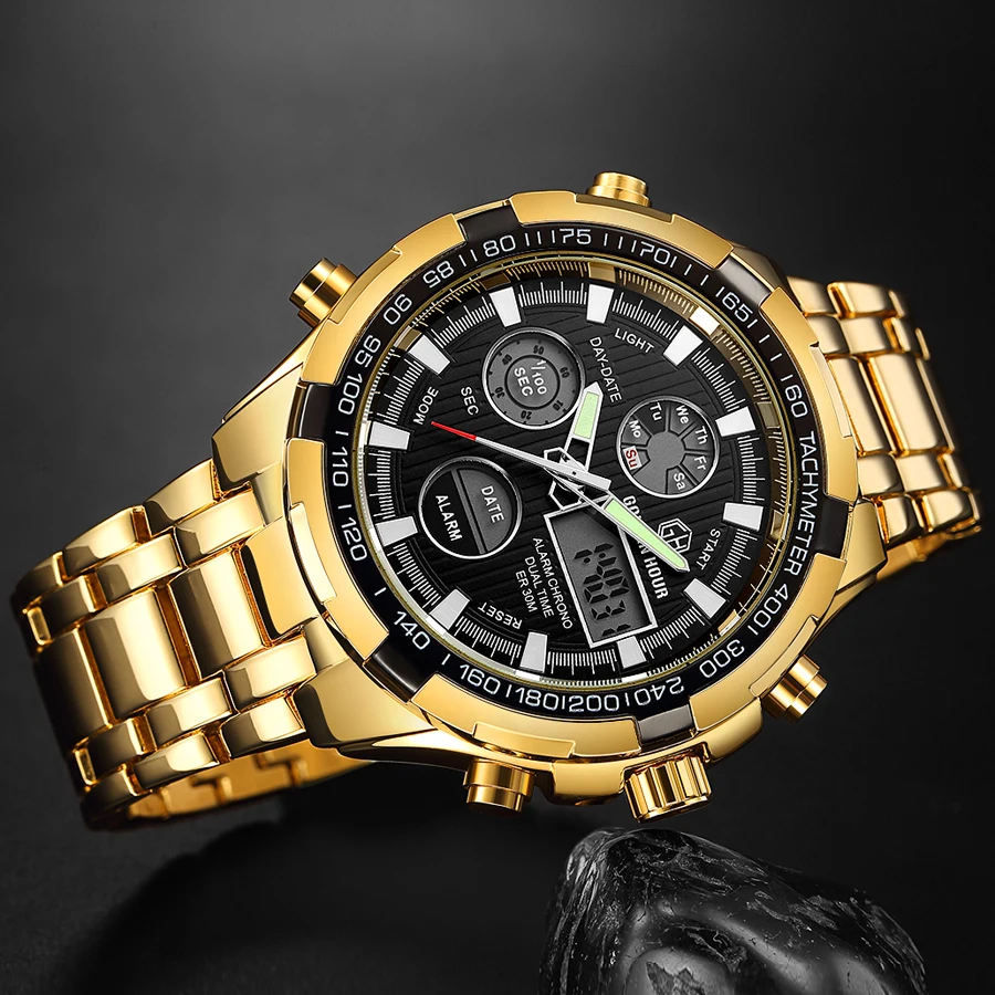 GOLDENHOUR нержавеющая золото мужские кварцевые часы спортивные военные армейские