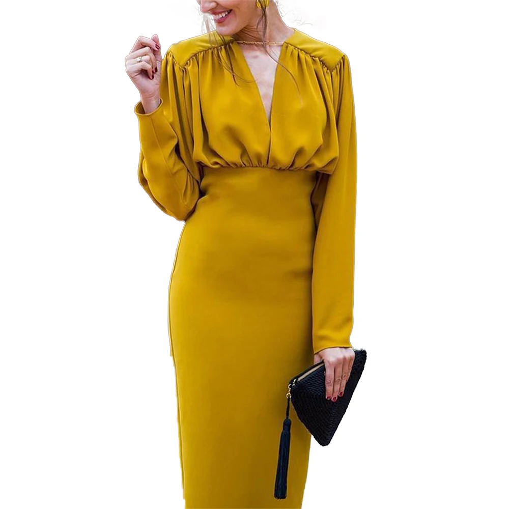 

Plus Size Vintage Long Sleeve Dress Winter Dresses Women 2019 Sheath Solid V-Neck Knee-Length Full Elegant Dress Female Clothes