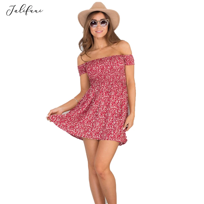 

Female Short Bohemian Dress Women Off Shoulder Slash Neck Boho Printed Sleeveless Mini Dress Holiday ladies short beach vestido