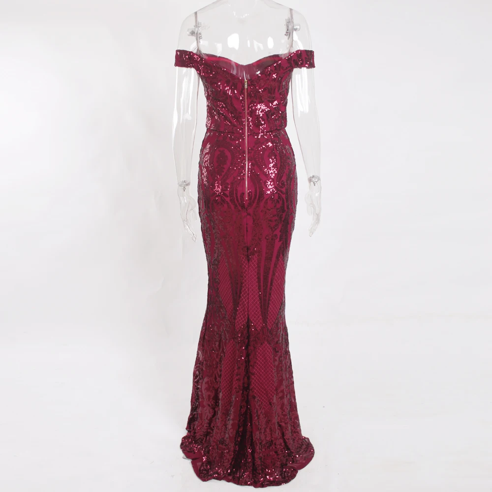 Off The Shoulder Burgundy Sequined Maxi Dress Night Party Dress Slash Neck Floor Length Long Dress