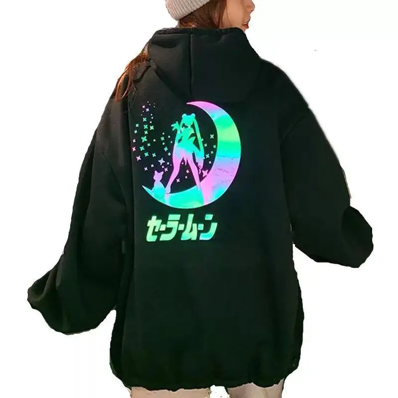 Harajuku marinero Luna de impresión de dibujos animados Sudadera con capucha de las mujeres casuales Material reflectante Tops Jersey manga larga Streetwear sudadera