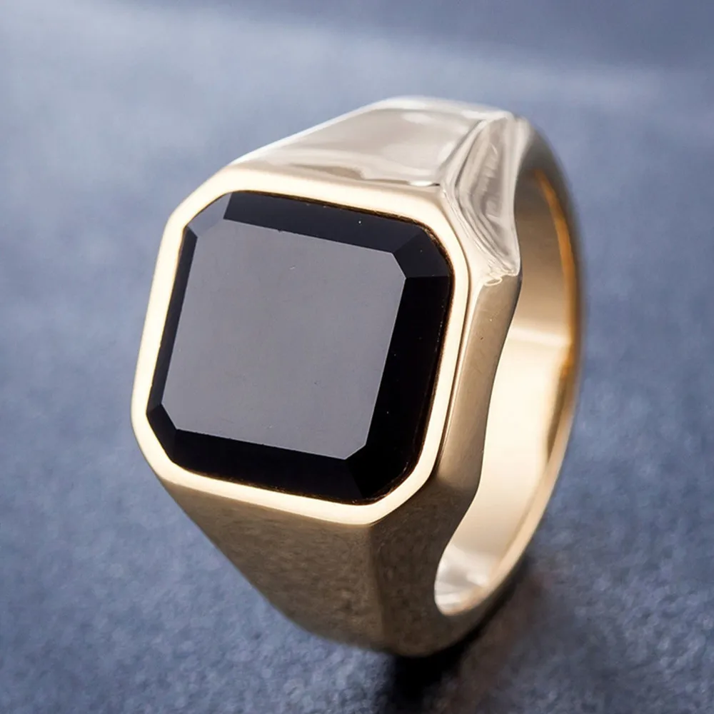 

Big square Black gemstone men's ring gold & white silver color titanium stainless steel agate stone vintage simple cool jewelry