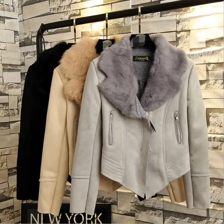 

Real Photos Winter Clothes Women Suede Coat Short Jacket Fur Collar Zipper Thick Slim Outwear chaqueta mujer vintage gothic