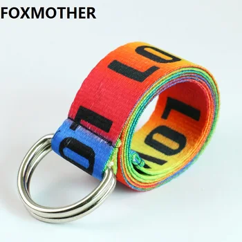 

FOXMOTHER Rainbow Female Girls Canvas Dress Waist Belt Fashion Inscription Love Letter Double Silver Buckle Women Belt