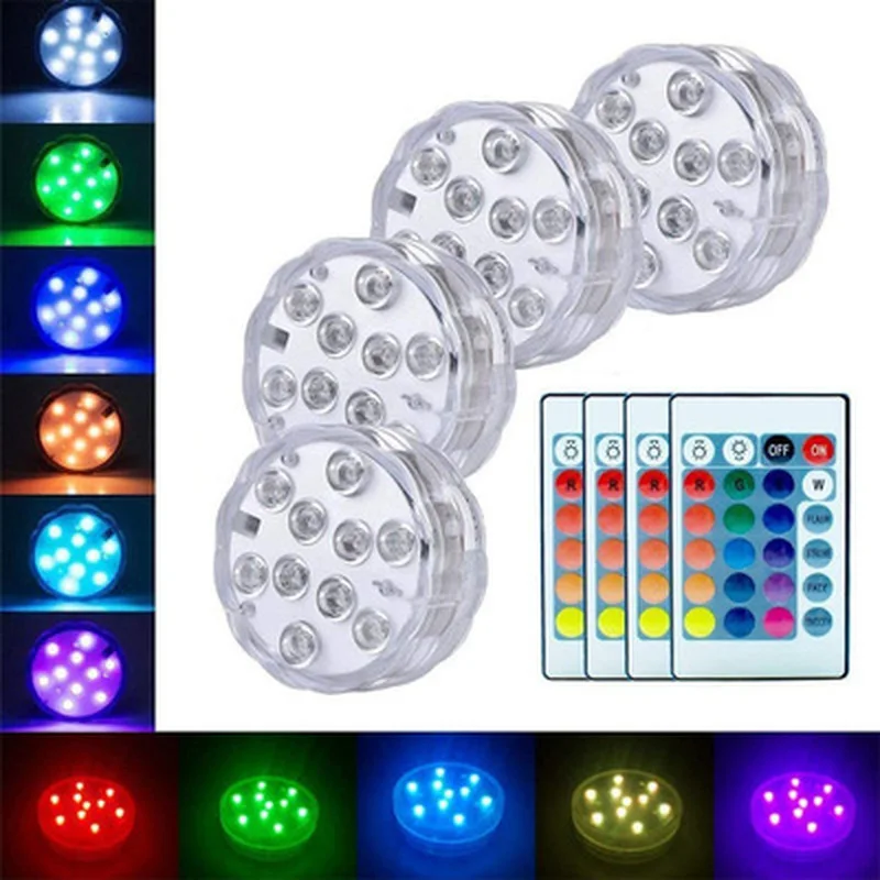 

10 LED RGB Submersible LED Lights Underwater Fishing Lamp Battery Operated Remote Control Wireless Multi Color Tub Swimming Pool