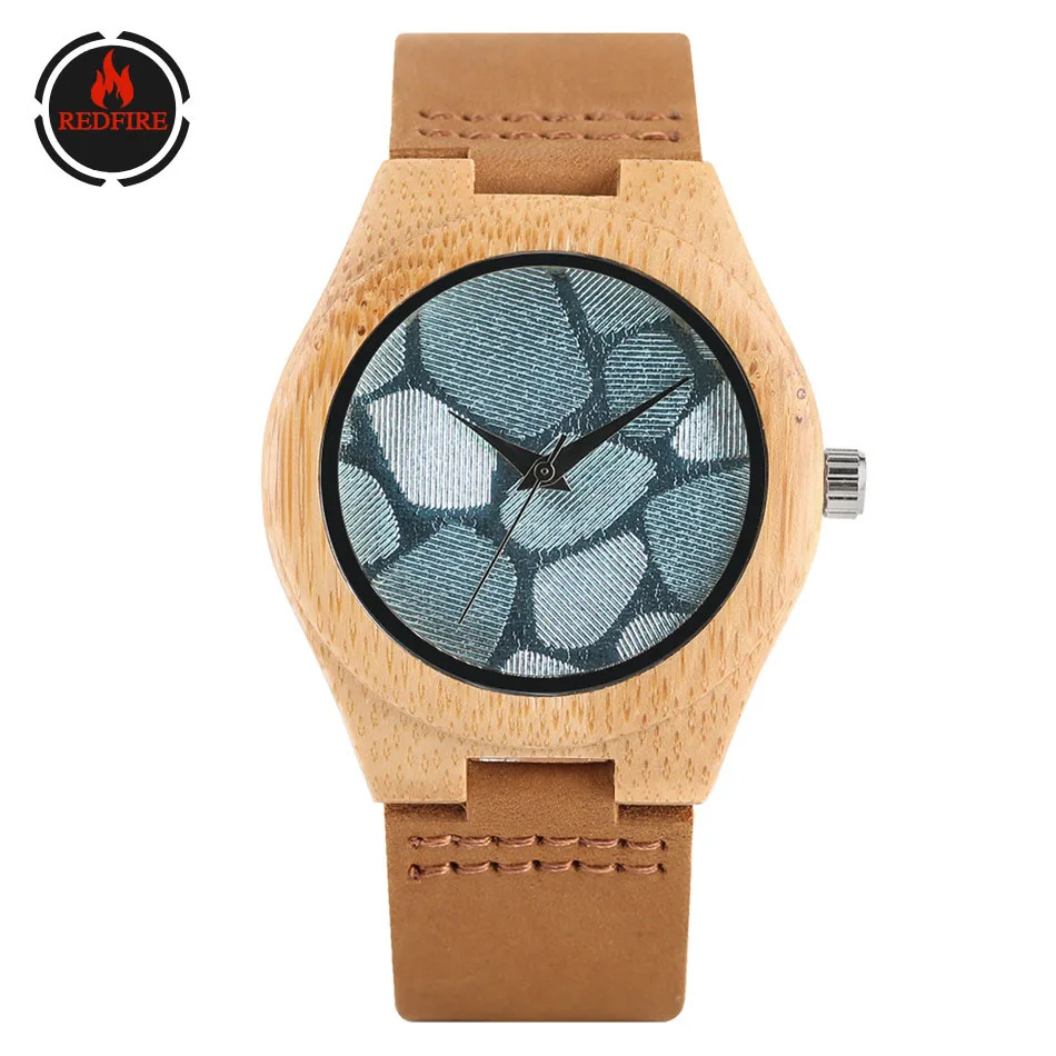 

REDFIRE Unique Football Pattern Design Women's Bamboo Wood Watches Genuine Leather Wristwatch Stylish Quartz Ladies Wooden Clock