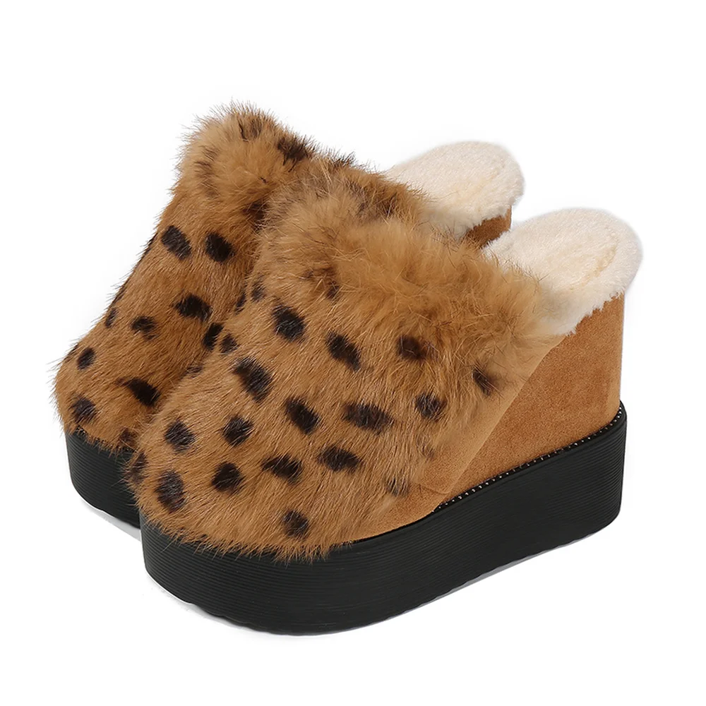 Winter Sandals for Women Warm Rabbit Hair Real Fur Wedges Platform High Heels Slippers