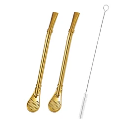 Set of 2 Stainless Steel Yerba Mate Straws with Tea Infuser and Cleaning Brush (2pcs Gold)