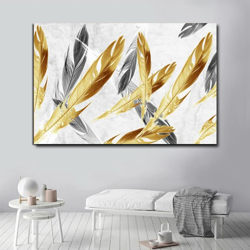 

Modern Nordic Golden Feathers Abstract Posters and Prints Canvas Painting Wall Art Pictures for Living Room Cuadros Home Decor