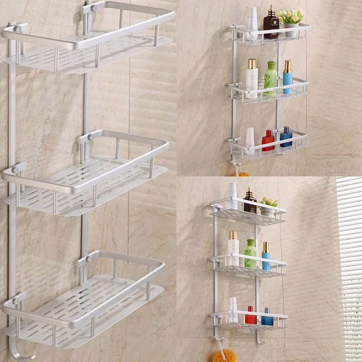 1/2/3 Tiers Aluminium Bathroom Shower Bath Holder Multifunctional Alumimum Shelf Bathroom Rack ...