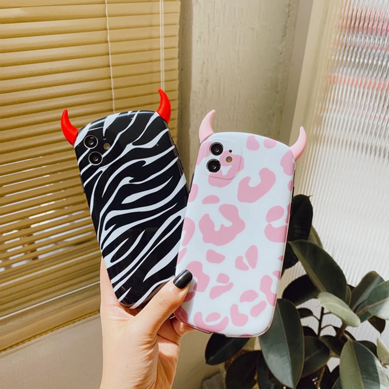 

Cows Devil Horn Phone Case For iPhone 11 Pro Max 7 8 Plus X Xs Max Xr SE20 Xsmax Leopard Zebra Pattern Demon Angle Silicone Cove