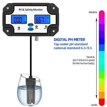 

2 In 1 PH Salinity Monitor Swimming Pool Water Quality Testing LCD Screen DC 6V Laboratory Tool Aquarium High Accuracy Fish Tank