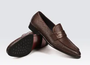 

Autumn Winter Men Casual Loafers Office Luxury Brand Leopard Print Brown Formal Alligator Genuine Leather Slip-on Dress Shoes