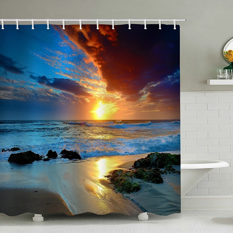 

Fashion Sunshine View Of Rocky Beach By The Sea Bath Shower Curtain Waterproof Bathroom Curtain Home Decoration