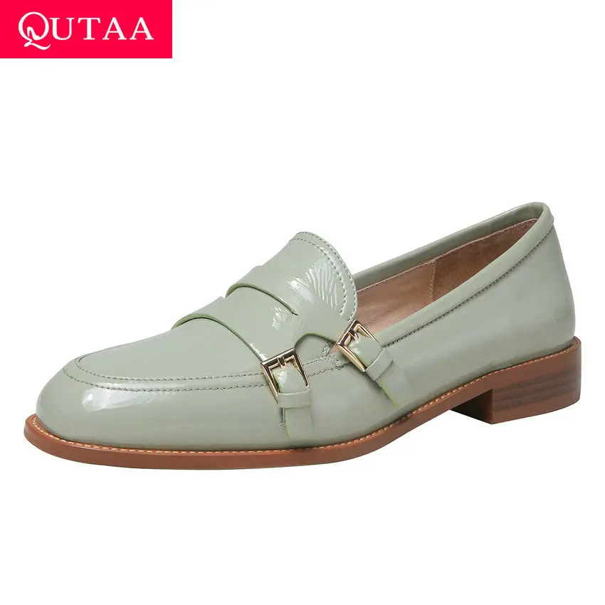 

QUTAA 2020 Patent Leather Single Shoes Round Toe Buckle Ladies Pumps Spring Square Heel Slip on Casual Women Shoes Size 34-39