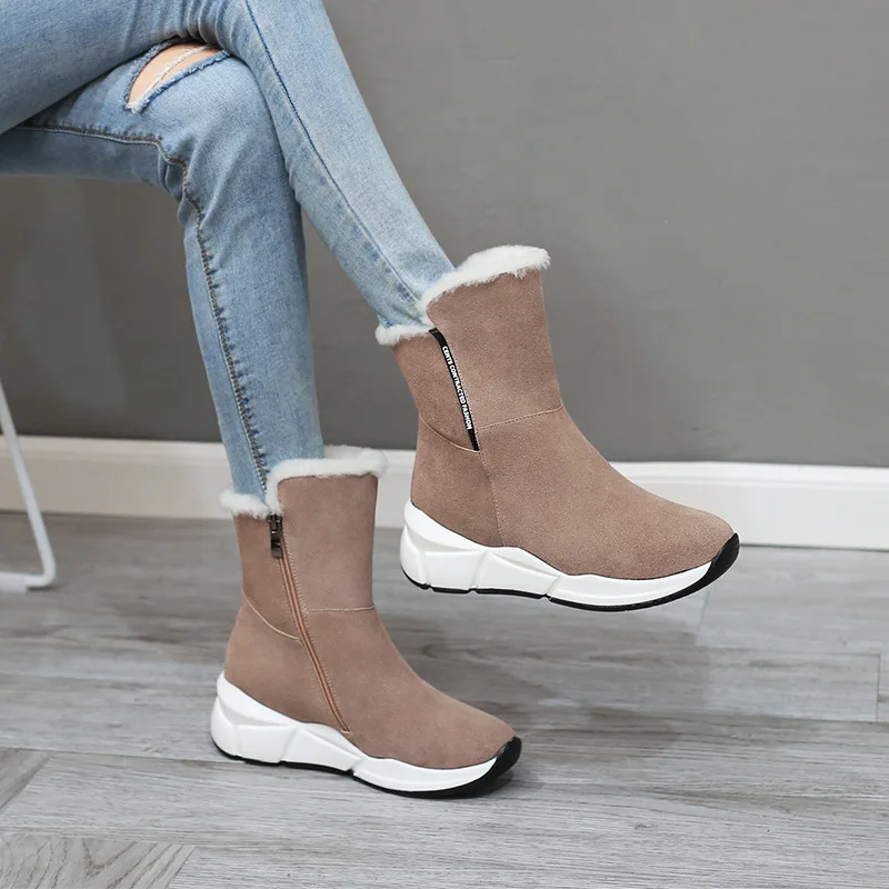 

2019 Autumn And Winter New Style Dull Polish Cowhide Sheepskin Liner Slanted Heel Casual Snow Boots Women's