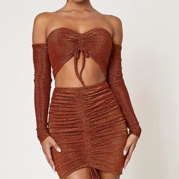 

2019 Autumn Strapless Two Piece Skirt Sets Off Shoulder Drawstring Full Sleeve Crop Top Skirts Women Club Sexy Backless Outfits