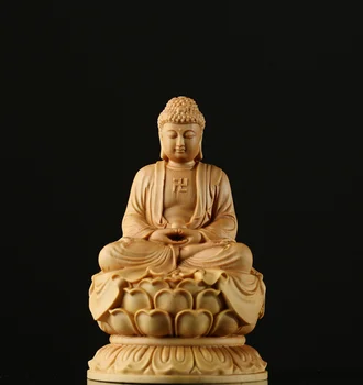 

China Box-wood Hand-carved Buddhism Sakyamuni Tathagata Lotus Sit Buddha Statue